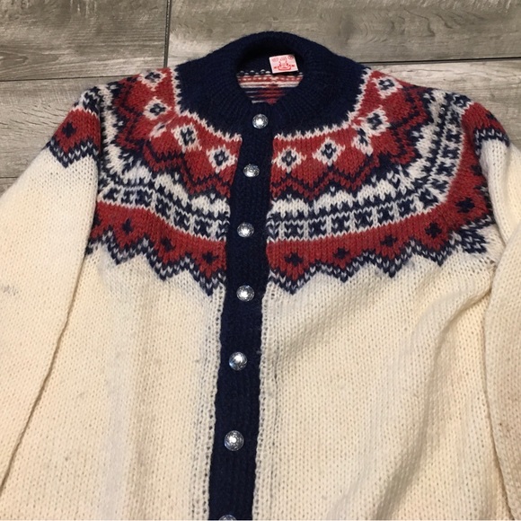 Vtg Icelandic Hand Knit Wool Abstract Pattern Sweater Metal Button Cardigan LG - Picture 6 of 10